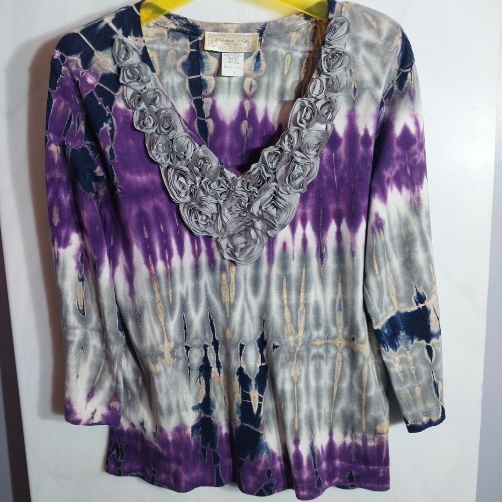 Vintage 90s Tie Dye Rosette Applique Boho Fairy Grunge Top USA Women's M Artsy